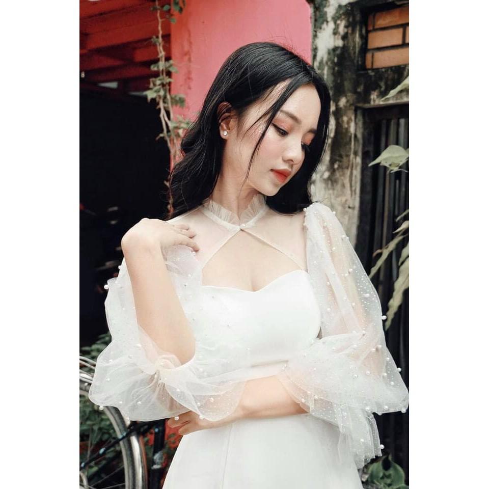 Đầm nữ tay dài phối lưới cổ tàu thời trang dự tiệc dạo phố
