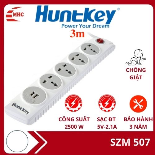 Ổ cắm điện chống giật, có 2 cổng usb sạc điện thoại đa năng thông minh Huntkey SZN 507, - Hàng nhập khẩu