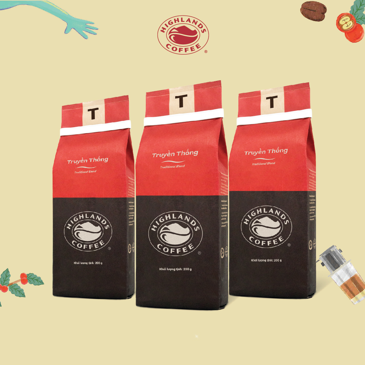 Combo 3 gói Cà Phê Rang Xay Truyền Thống Highlands Coffee (200g)