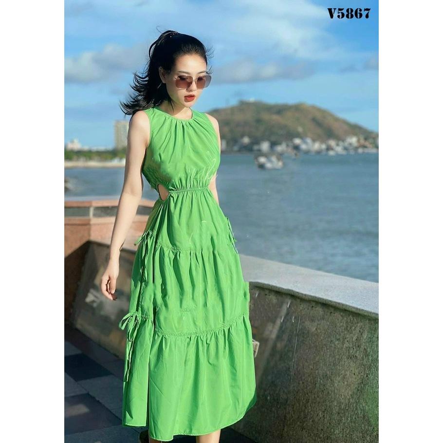 Đầm Xòe Lụa Nhún Bèo Tầng Hở Eo