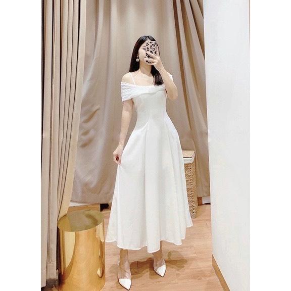 Đầm xòe trễ vai phối voan bi