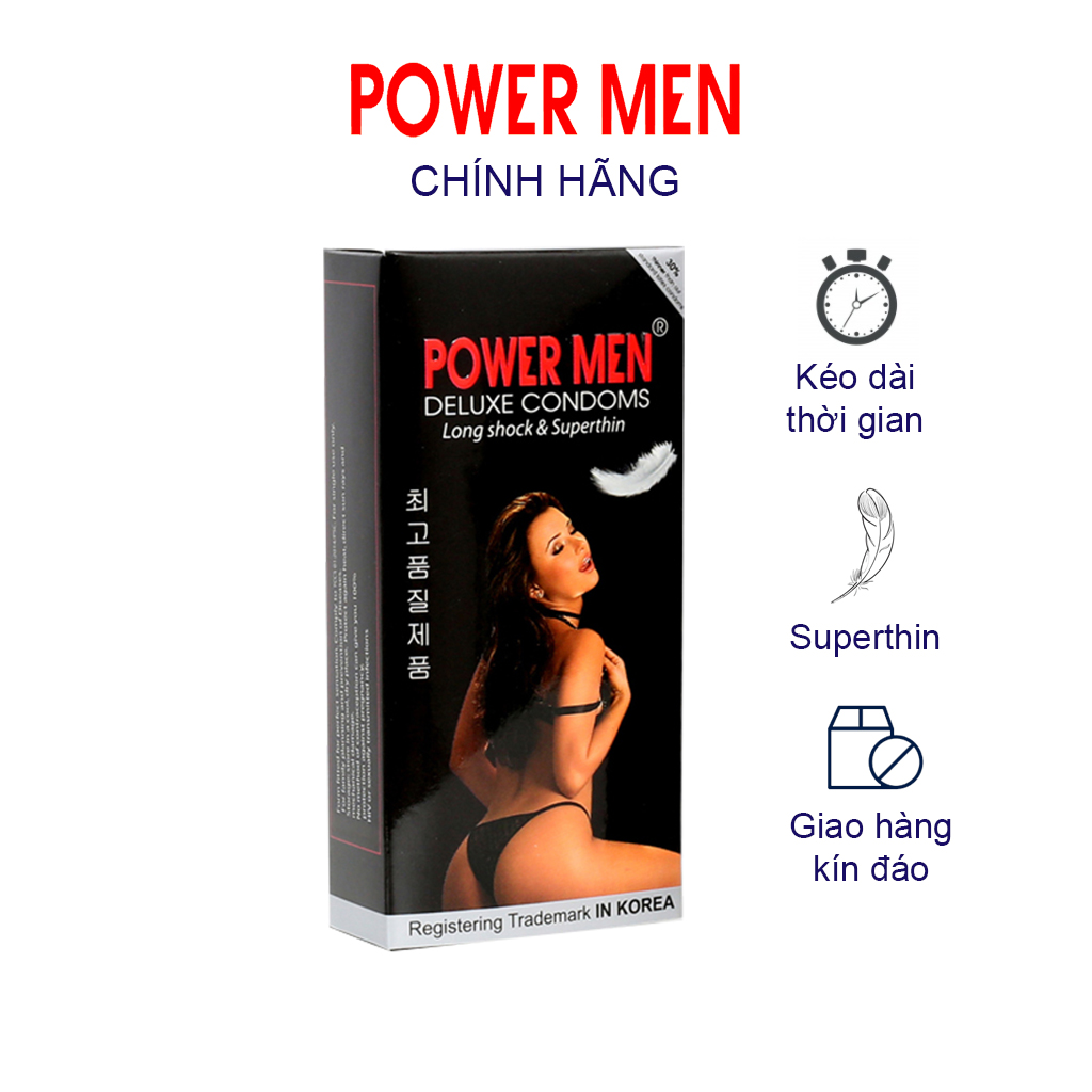 Bao cao su siêu mỏng, kéo dài hình Powermen Superthin Longshock (Hộp 12 Bcs)