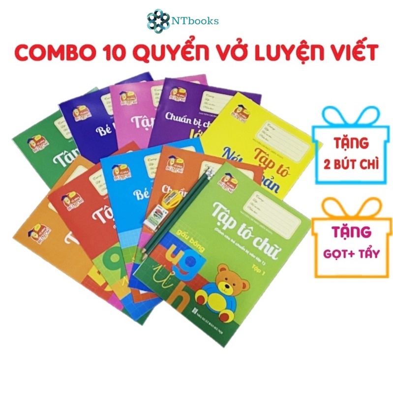 Sách - Bộ 10 quyển luyện viết tập tô chữ cho bé mẫu giáo mầm non Tặng 2 bút chì+ gọt+ Tẩy
