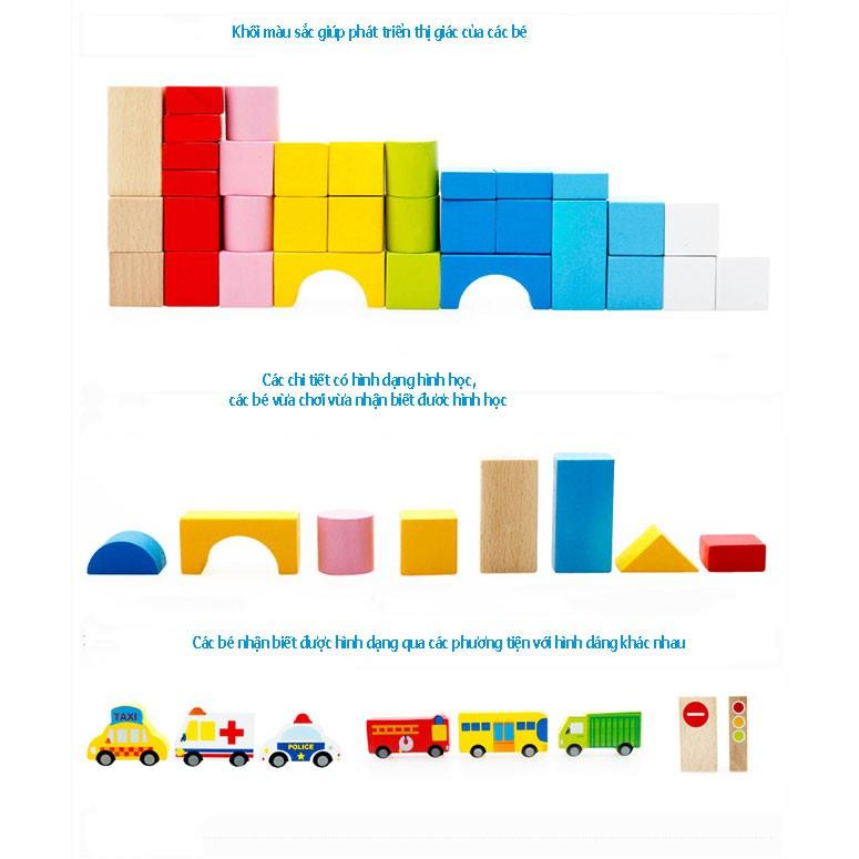 Mô hình đô thị- Đồ Chơi Gỗ Xếp Hình Giao Thông Thành Phố - Ghép hình sáng tạo- Có hộp thả khối