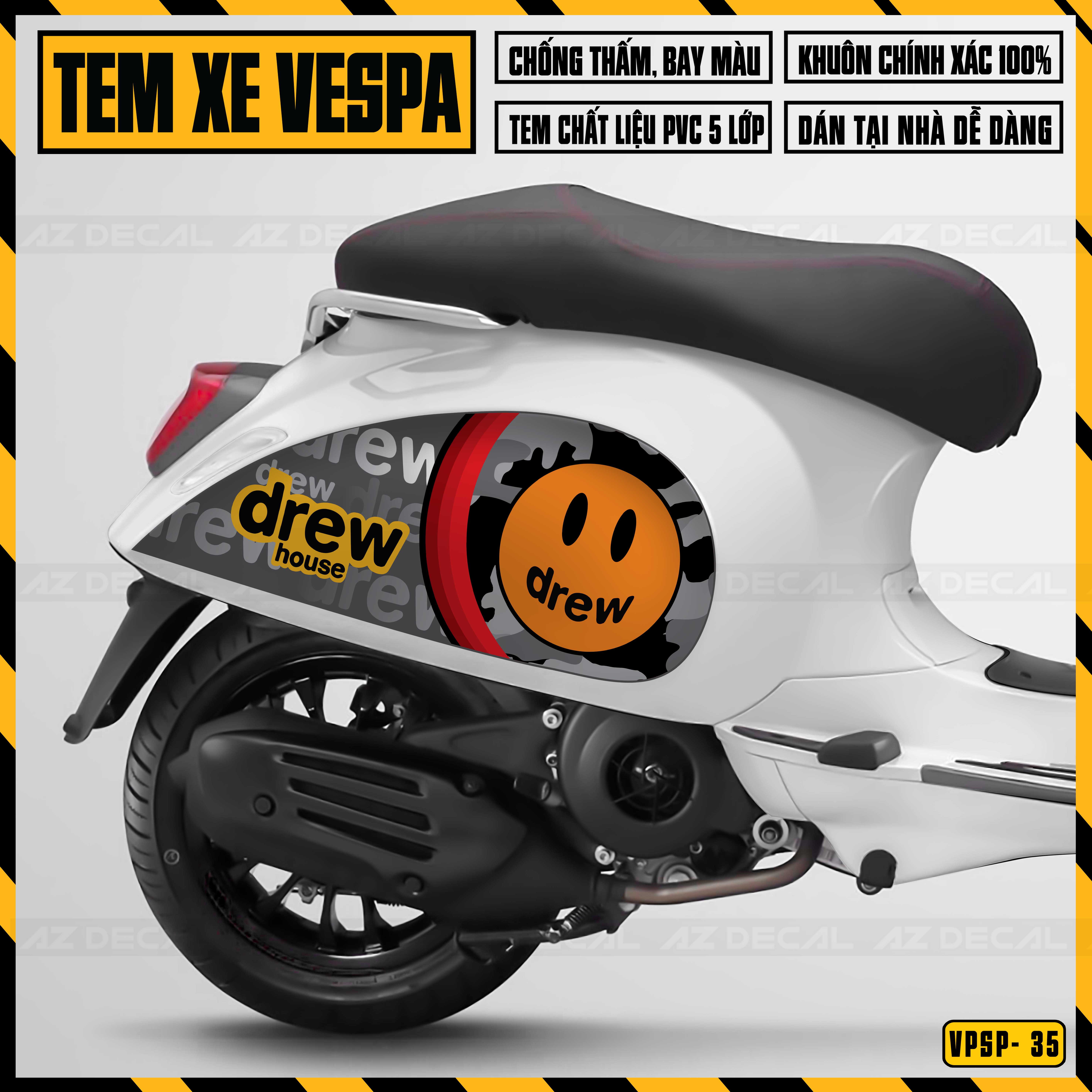 Tem Chế Xe Vespa Sprint / Primavera Phong Cách Drew House | VP35 | Decal Rời Dán Xe Máy Vespa Trang Trí Cắt Khuôn Sẵn Dễ Dán