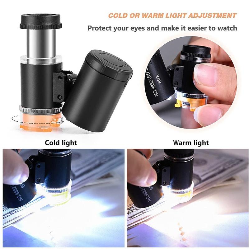 2 Pieces 60X Mini Pocket Microscope with 3 Light,Jewelers Eye Loupe Portable Magnifing Glass for Handcrafts Jewelry