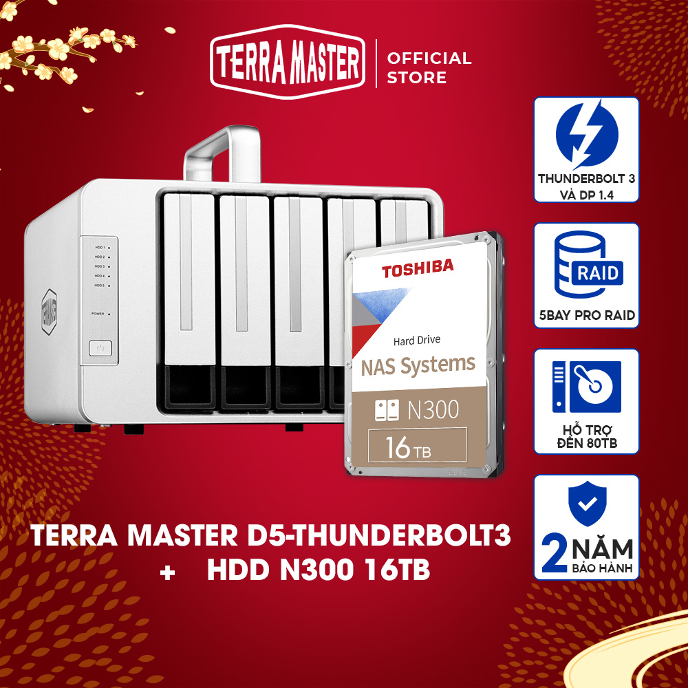 Bộ Thiết bị lưu trữ DAS TerraMaster D5 Thunderbolt+N300 16T Hàng chính hãng