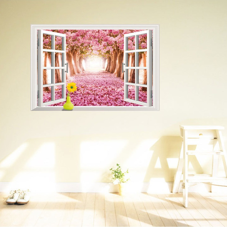 Decal dán tường Cửa sổ 3D con đường hoa anh đào AmyShop DCS017