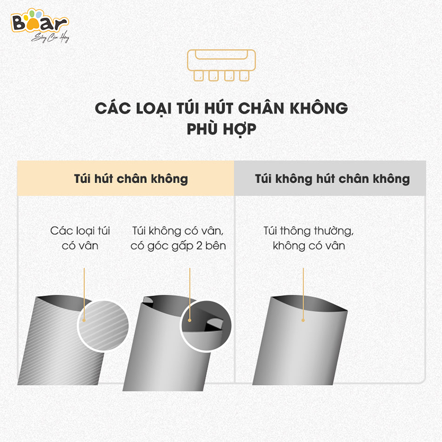 [Hàng Chính Hãng]Máy hút chân không thực phẩm Bear VS-B01V1 màu trắng công suất 130W. Lực hút mạnh, áp suất 70KPA, hút được 8L/phút. Từ đó, thực phẩm sẽ được bảo quản lên đến 2 tuần trong ngăn mát - 2 tháng trong ngăn đông đá