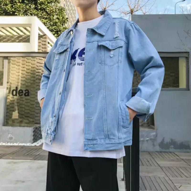 Áo khoác jeans trơn xanh có cúc và túi trong