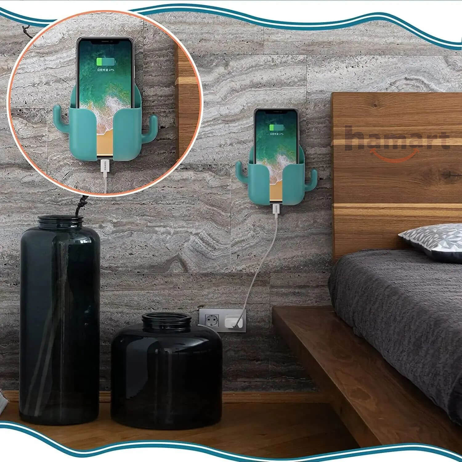 Kệ Dán Tường Để Điện Thoại Remote Hamart Đa Năng 1 Ngăn Lớn Trắng 2 Móc Treo Tiện Lợi