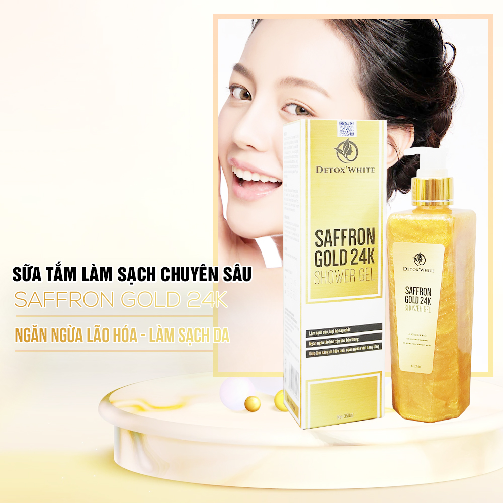 Sữa Tắm Sáng Da, Làm Sạch Sâu, Ngăn Ngừa Lão Hóa Saffron Gold 24k Shower Gel Detox White 350ml