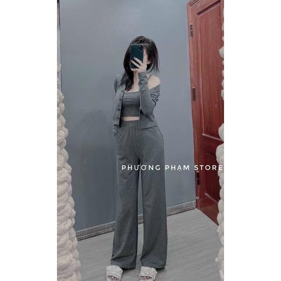 TTL Set bộ áo 2 dây mix quần dài thun năng động, trẻ trung kết hợp thêm áo khoác phối ngoài thời trang nữ