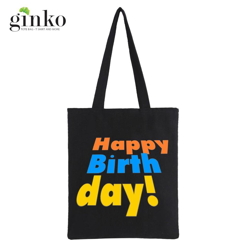 Túi Tote Vải Canvas Ginko kiểu basic có dây kéo khóa miệng túi đựng vừa laptop 14 inch và nhiều đồ dùng khác Phong Cách ulzzang Hàn Quốc In Hình Happy Birthday B34