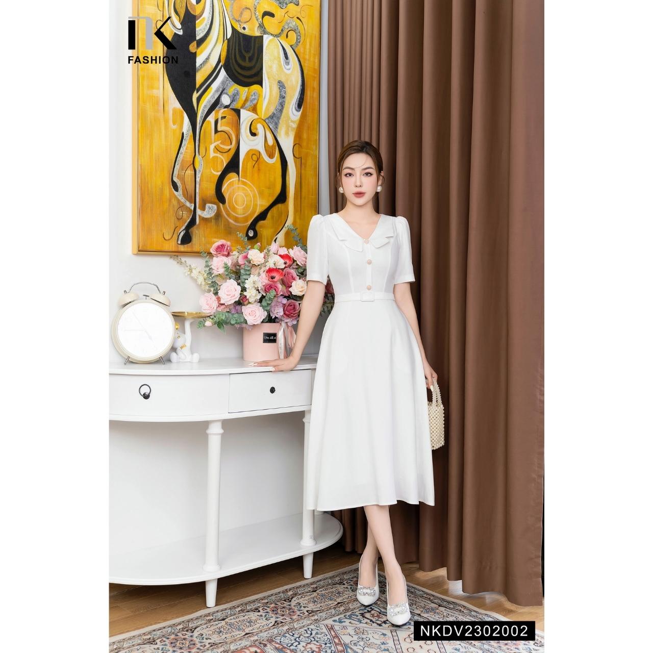 Đầm Xòe Cổ Sóng Thiết Kế Đai Bọc NK FASHION Trẻ Trung Thanh Lịch Chất Vải Nhập Hàn Cao Cấp Không Nhăn NKDV2302002