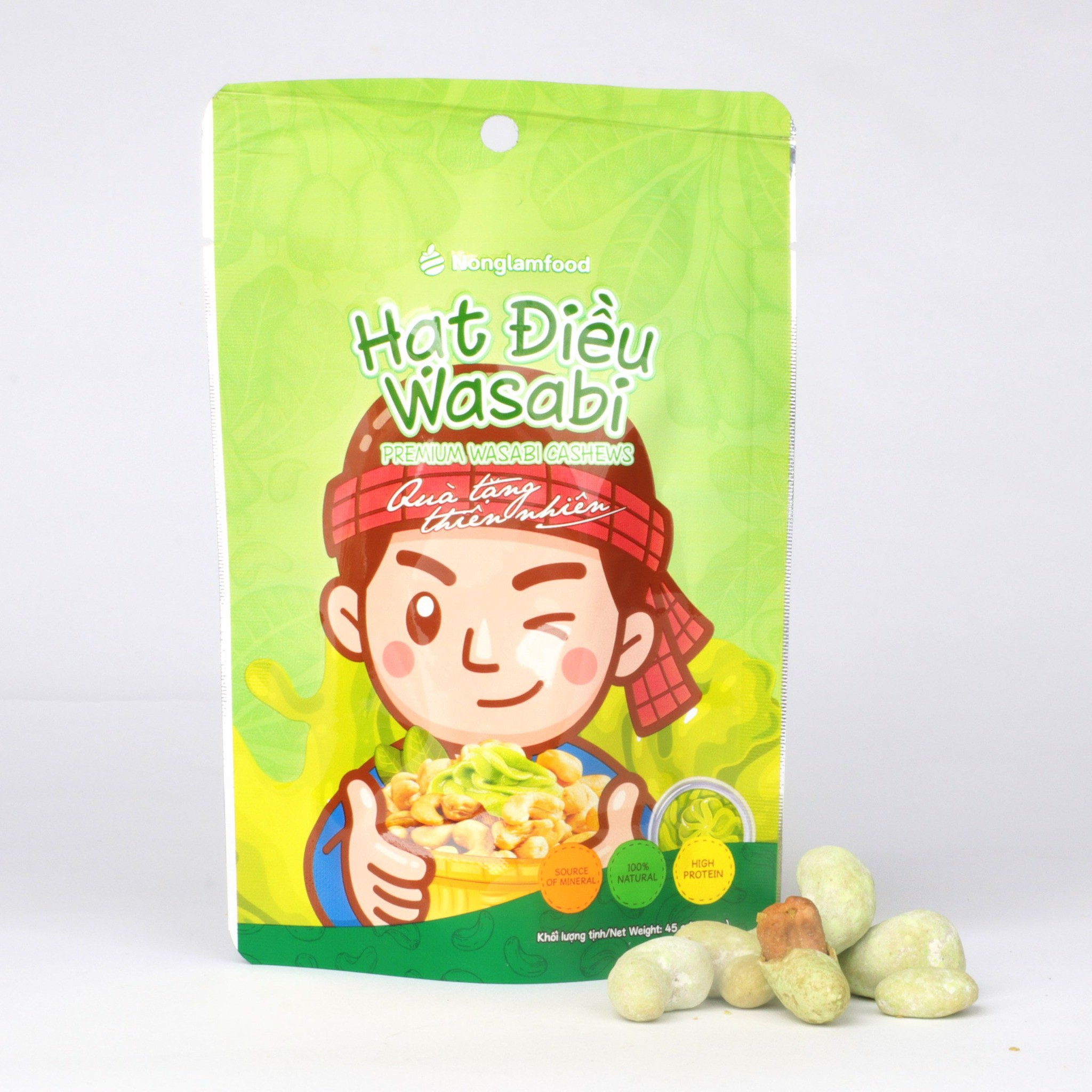 Hạt điều phủ vị phô mai, sầu riêng, tỏi ớt, wasabi túi 45g Nonglamfood | Đồ ăn vặt dinh dưỡng