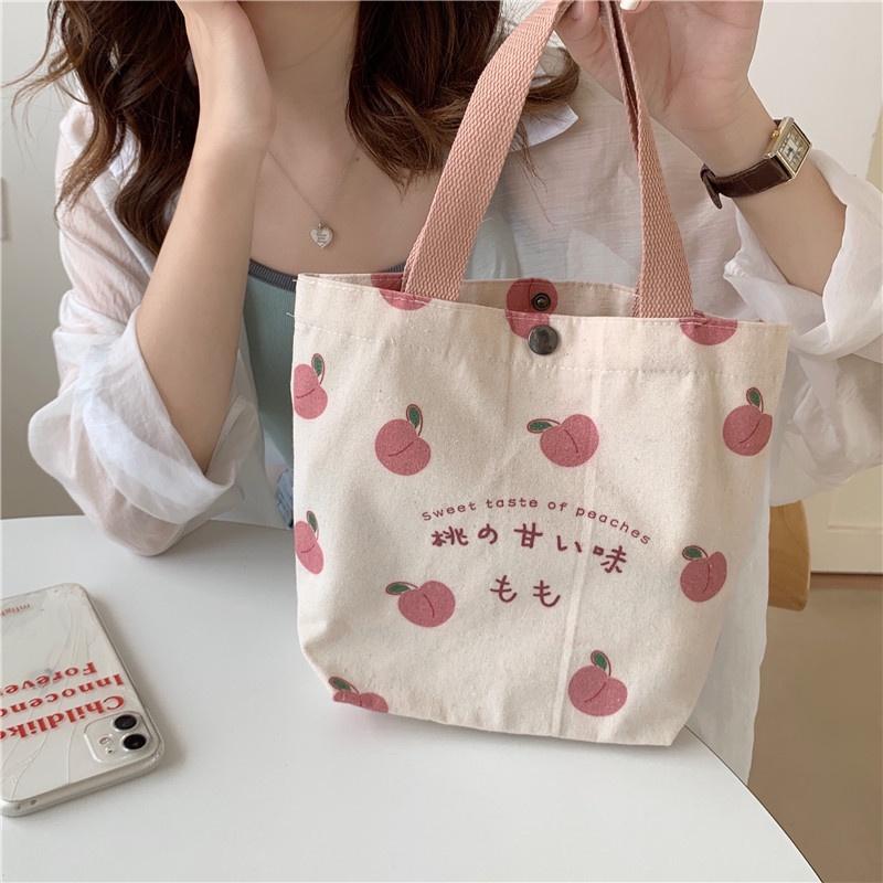 Túi Tote Mini Vải Canvas Họa Tiết Trái Đào Dễ Thương Phong Cách Hàn Quốc