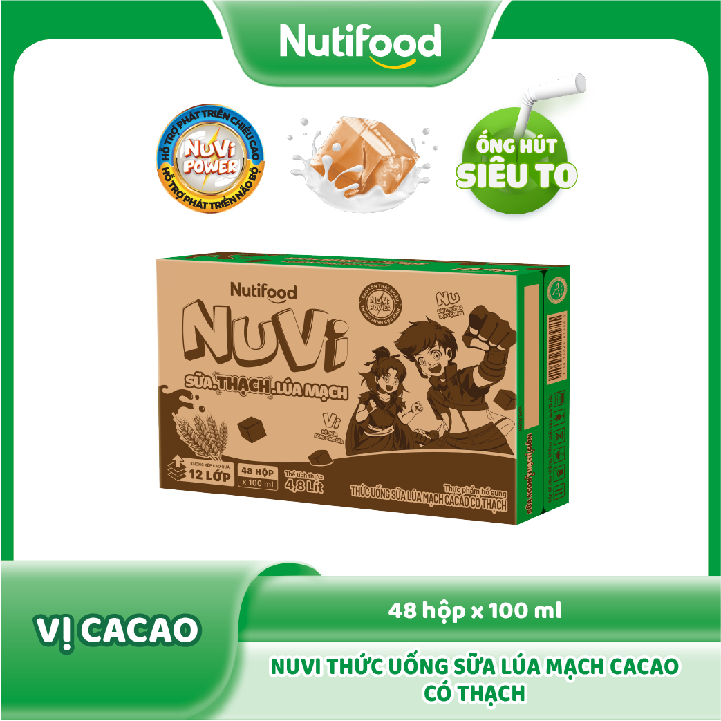 Thùng 48 hộp Sữa Lúa Mạch Cacao Có Thạch Nuvi 100ml - Phát Triển Chiều Cao, Tăng Cường Trí Nhớ
