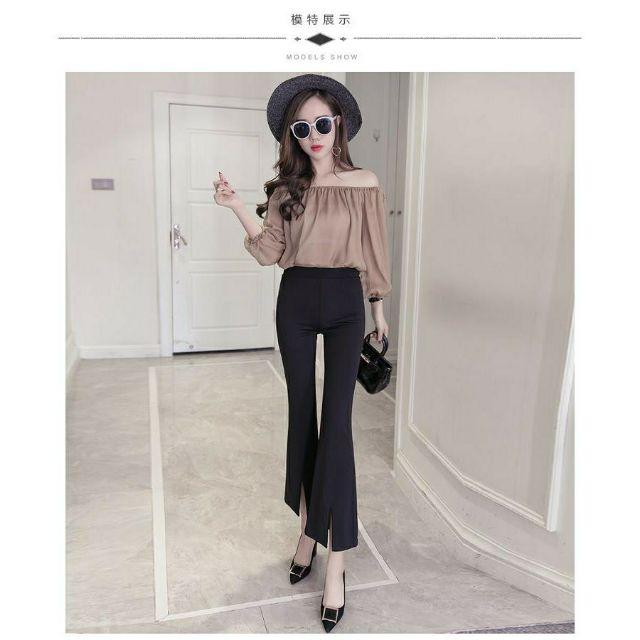 Quần Bò Giấy Ống Loe Xẻ Gấu Trước Cạp Cao Siêu Tôn Dáng