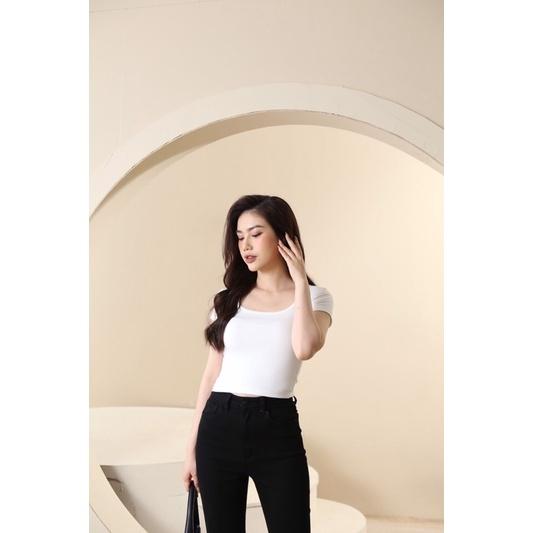 Áo Pull Croptop Cổ U, Áo T-shirt Nữ Vải Zip Co Giãn Sành Điệu CT Jeans