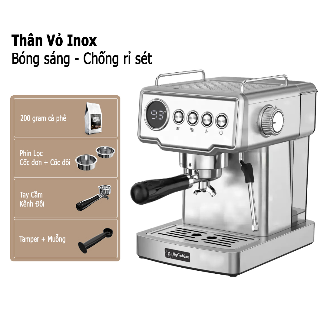 Máy Pha Cà Phê Espresso CF05 PLus HIGH TECH GATE Kiểm Soát Nhiệt PID 90~95ºC Chính Xác, Bộ Full Combo, Làm Nóng Nhanh, Tự Động Mini Nhỏ Gọn Gia Đình, Văn Phòng, Hàng Chính Hãng