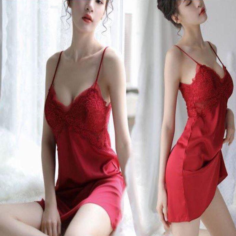 Váy ngủ lụa phối ren cổ V dáng xuông giấu dáng - VN041