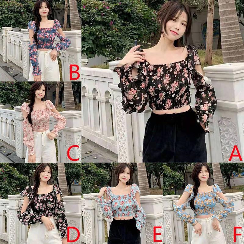 Áo Kiểu Vải Voan Tay Loe Cổ Vuông In Họa Tiết Hoa Xinh Xắn Cho Nữ