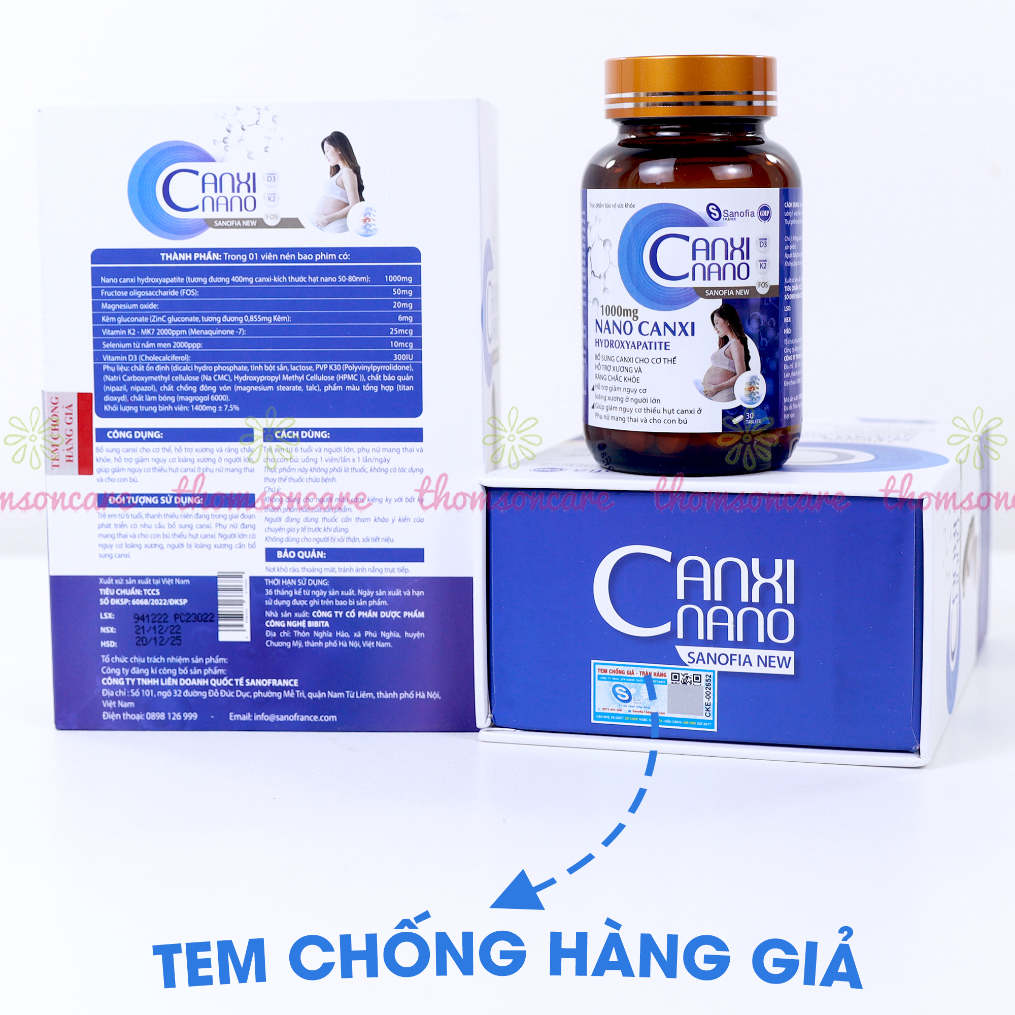 Canxi cho bà bầu, Canxi Nano Sanofia New - giúp giảm nguy cơ thiếu hụt canxi, tốt cho xương và răng - Lọ 30 viên - Thomsoncare