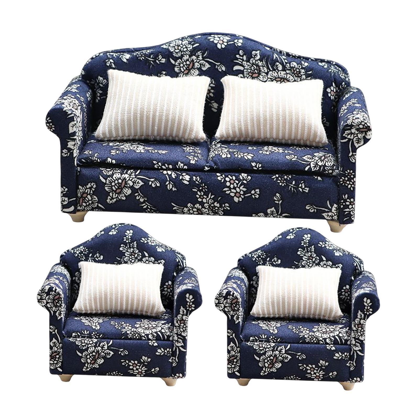Dollhouse Wooden Sofa and Cushion with Carpet for 1/12 Dollhouse Accessory