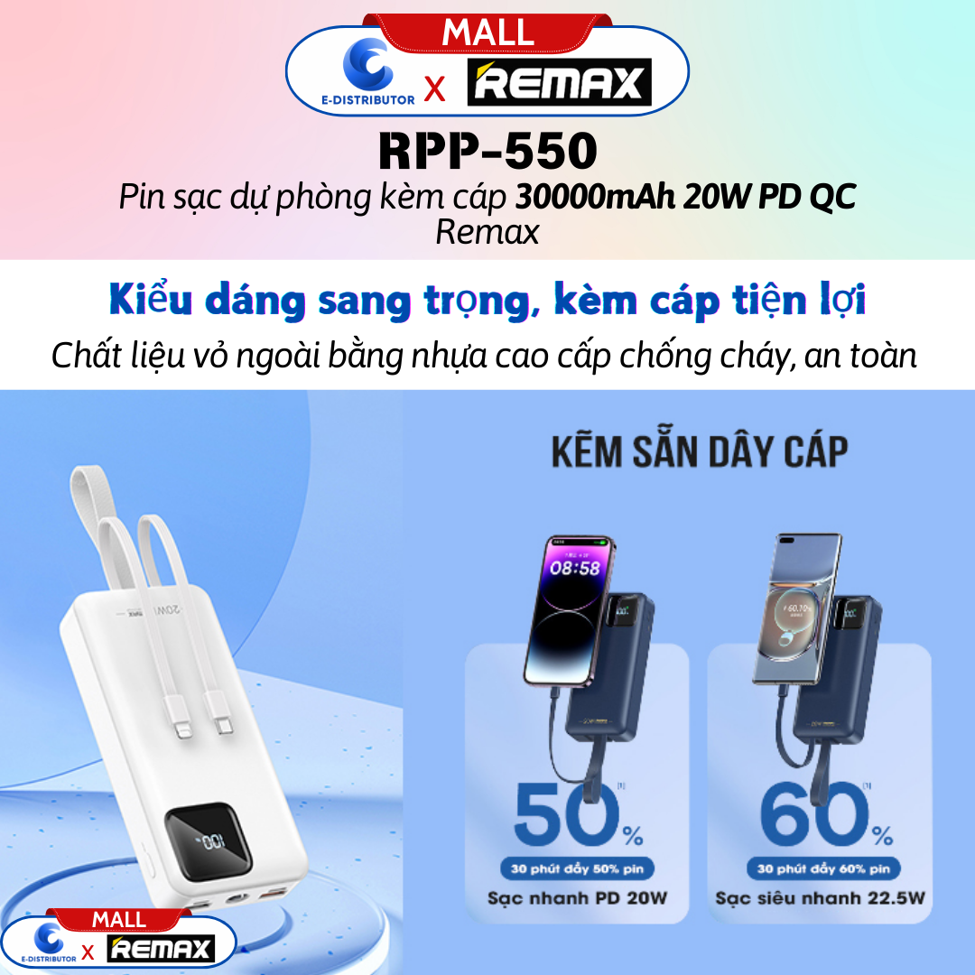 Pin sạc dự phòng kèm cáp 30000mAh 20W PD QC Remax RPP-550 - Hàng Chính Hãng - Bảo Hành 12 Tháng - 4 đầu ra, 2 đầu vào