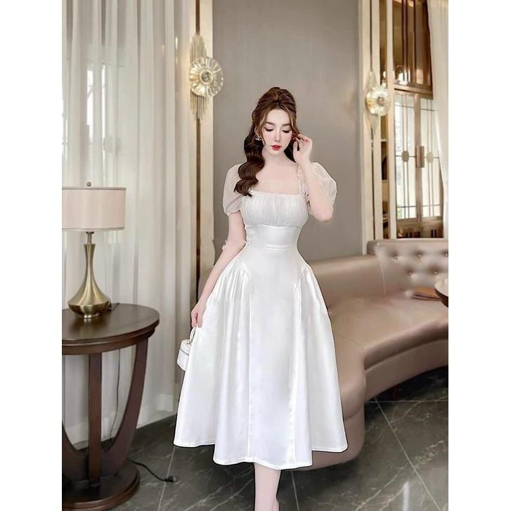 Đầm xoè dạ hội xếp ly ngực tay phồng cổ vuông sang trọng
