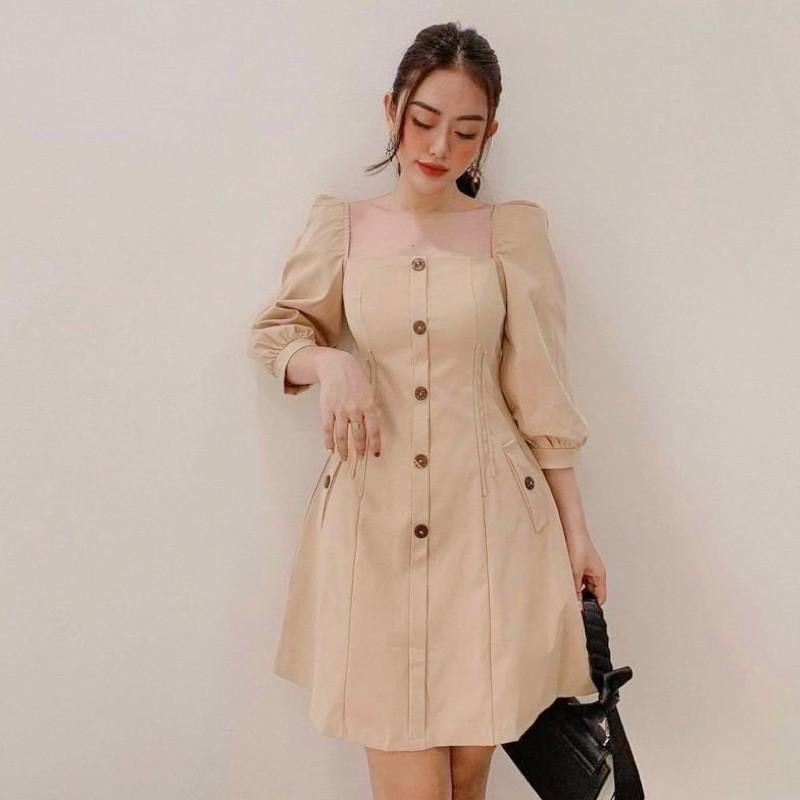 Đầm váy cổ vuông nút dừa tay lỡ 2 màu