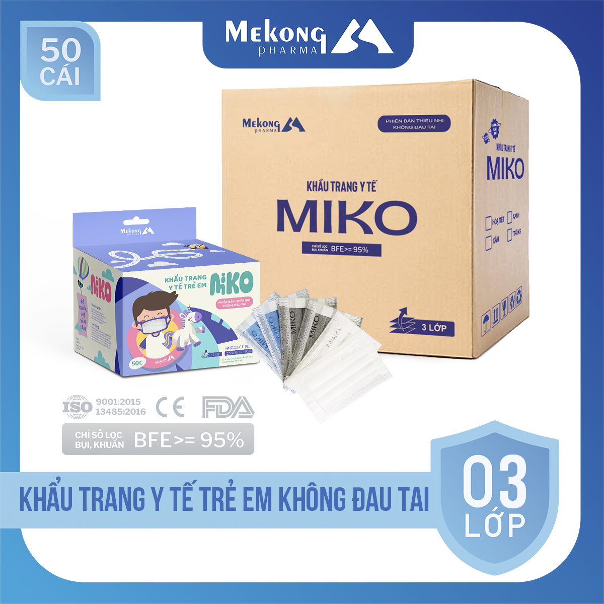 1 Kiện 50 hộp khẩu trang trẻ em MIKO cao cấp, có dây đeo mềm không đau tai