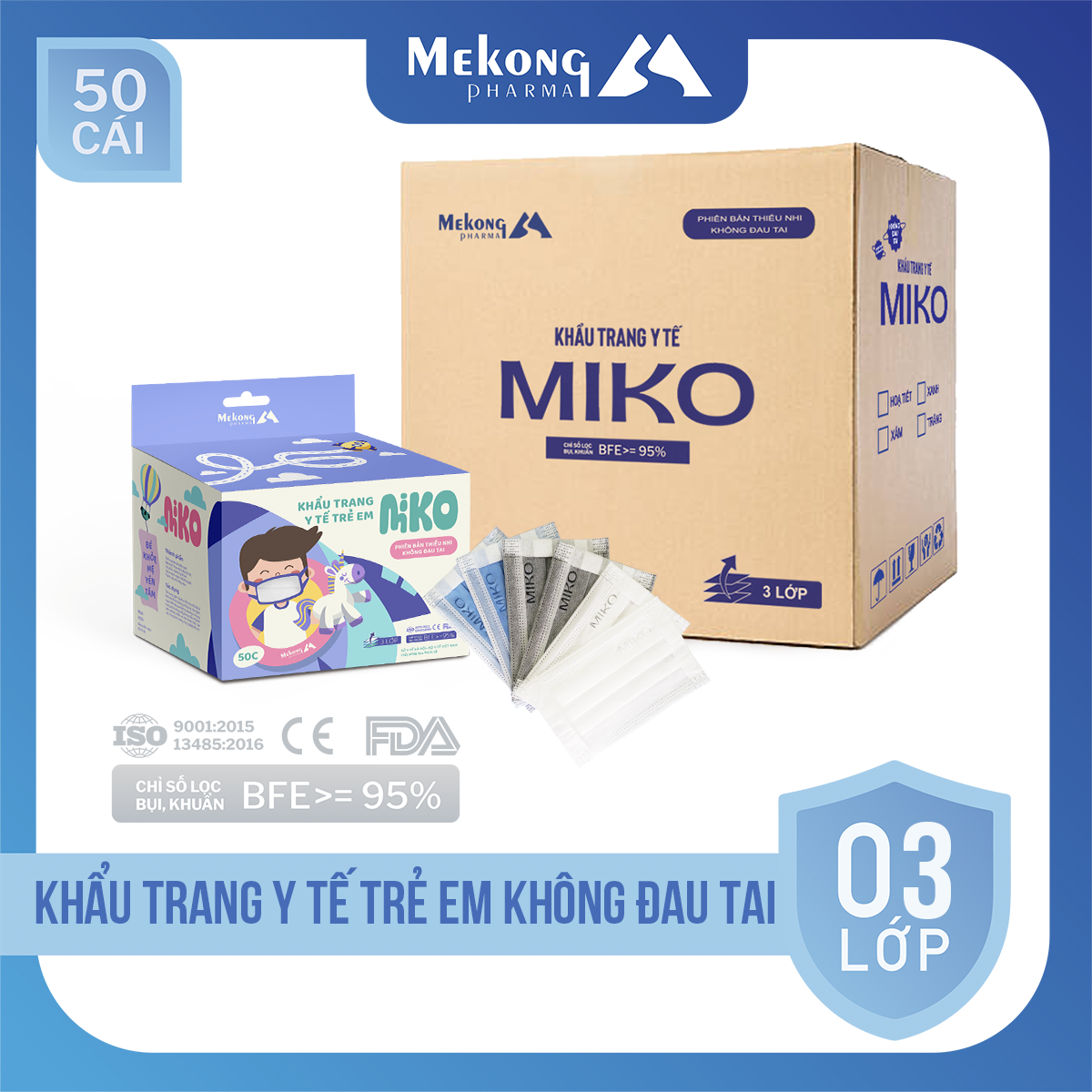 1 Kiện 50 hộp khẩu trang trẻ em MIKO cao cấp, có dây đeo mềm không đau tai.