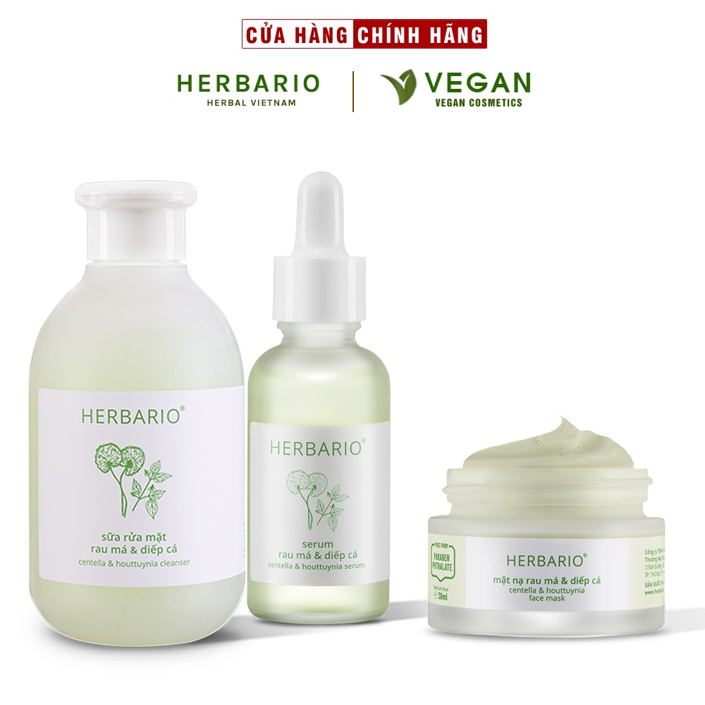 Bộ 3 chăm sóc da mụn cơ bản rau má &amp; Diếp cá Herbario: Sữa rửa măt 200ml + Mặt nạ 30ml + Tinh chất 30ml