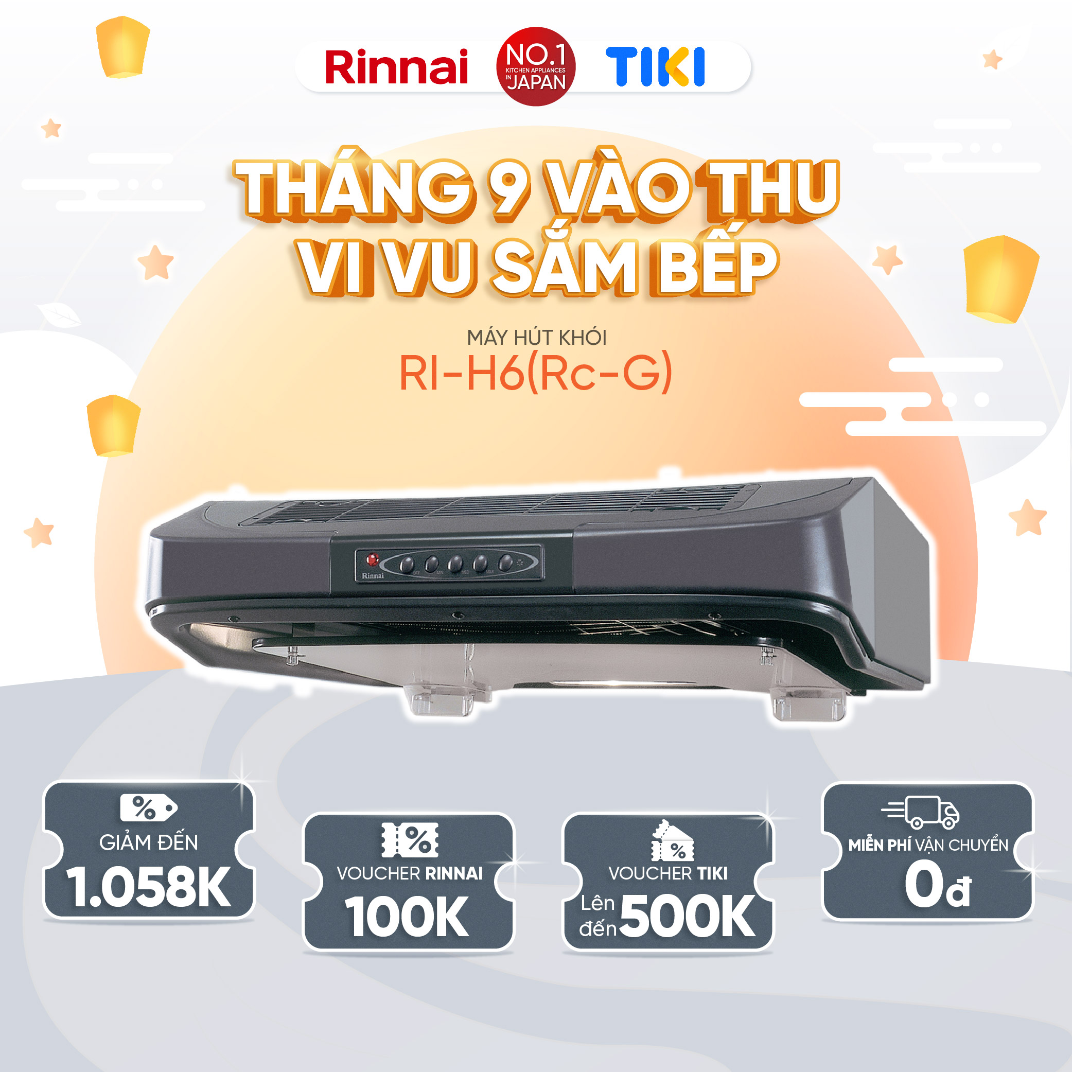 Máy hút mùi 60cm Rinnai RI-H6(Rc-G) than hoạt tính 161W - Hàng chính hãng.