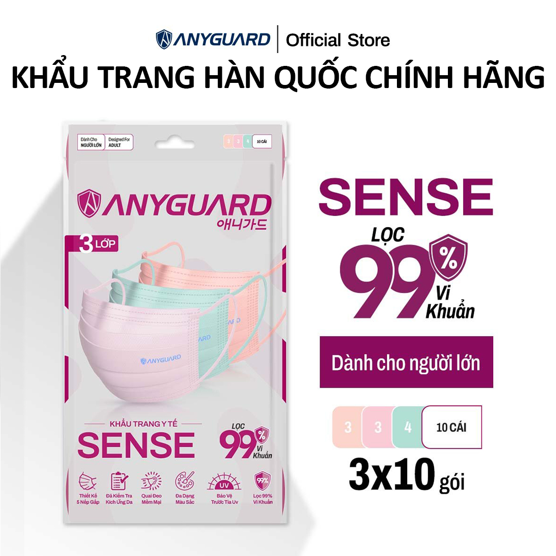 Combo 3 Túi Khẩu Trang Y Tế ANYGUARD SENSE Lọc 99% Vi Khuẩn, Màu Sắc Trendy, An Toàn Da Nhạy Cảm Dành Cho Người Lớn (Túi 10 Chiếc/ Màu Xanh, Tím, Hồng)