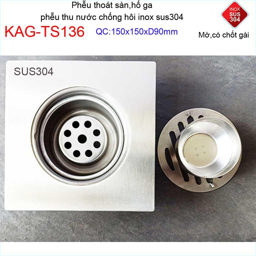 Phễu thoát sàn chống mùi hôi có chốt gài, Phễu thu nước inox 304, thoát sàn Kace 15D90 KAG-TS136