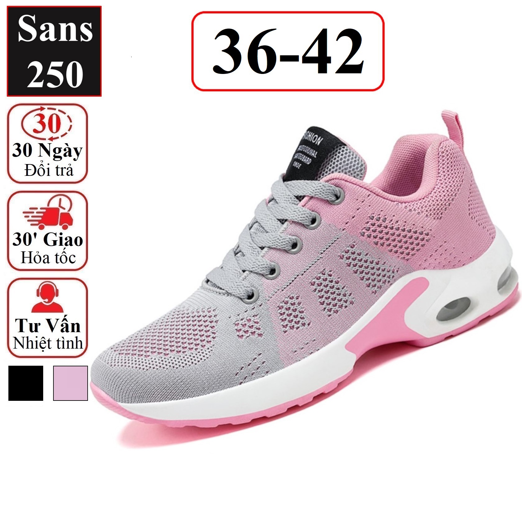 Giày thể thao nữ sneaker Sans250 chất vải thoáng mát đệm khí êm chân màu đen hồng tím size lớn bigsize 40 41 42 cổ thấp