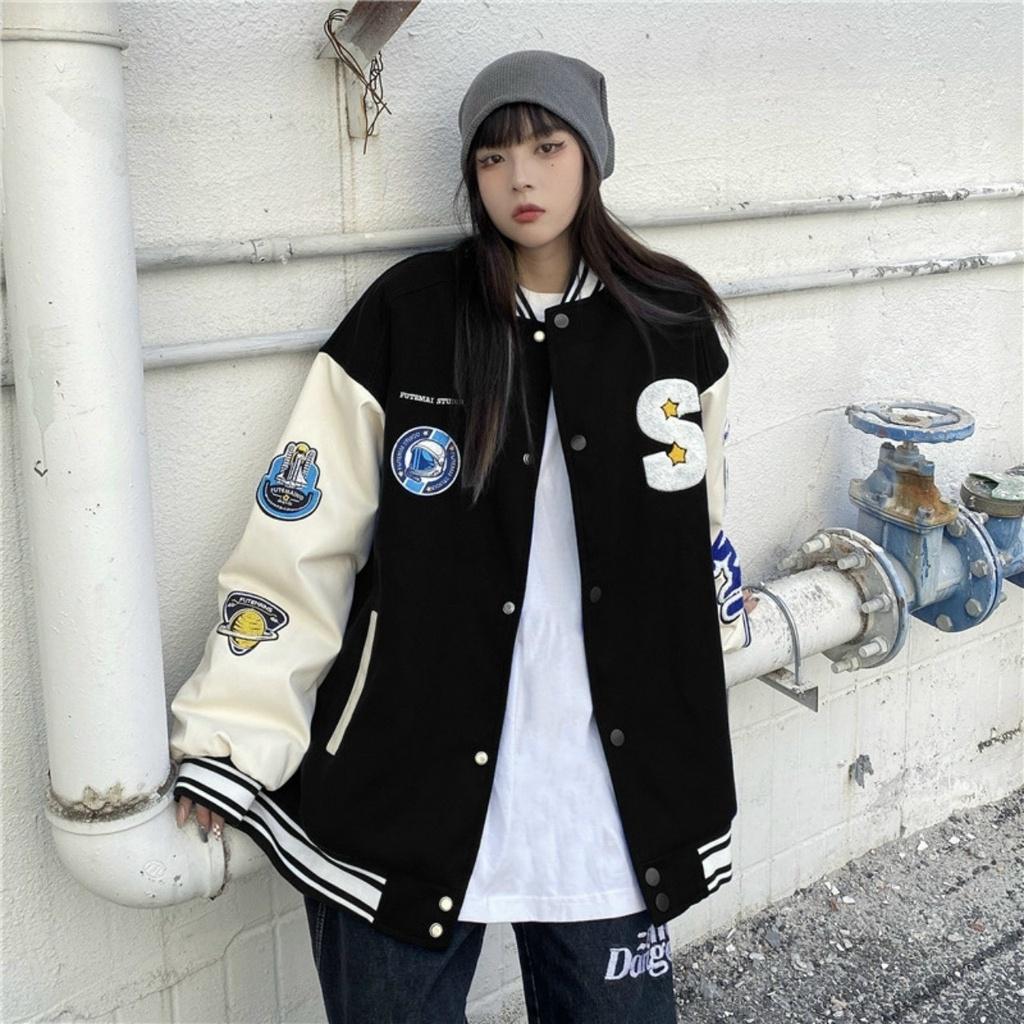 Áo Khoác Dù Bomber Nữ Vải Dù 2 lớp Logo In Chữ S Lớn Cánh Tay In Icon Kiểu Nút Bấm Thời Trang Hot Trend Mới