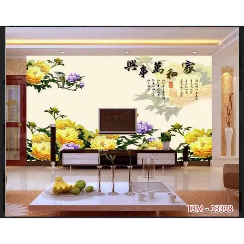 Tranh dán tường hoa mẫu đơn 3D in Vải Lụa