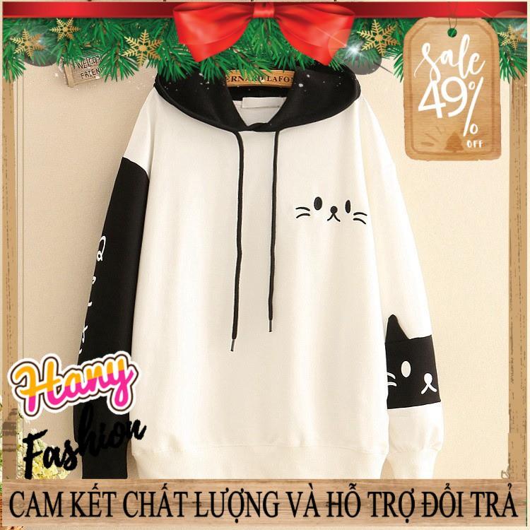 Áo khoác nỉ tay dài in hình mèo con có nón phía sau || Hany Shop