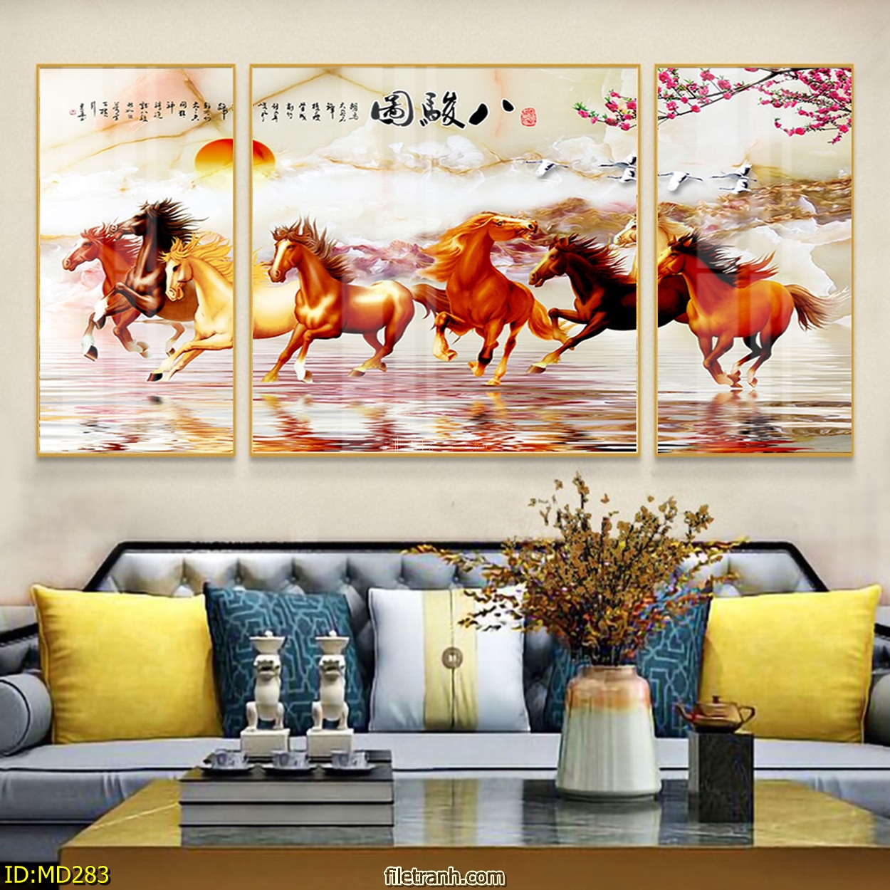 Tranh Canvas Bộ 3 Bức Phong Thủy - Tranh Đàn Ngựa Phi Dũng Mãnh Cao Cấp