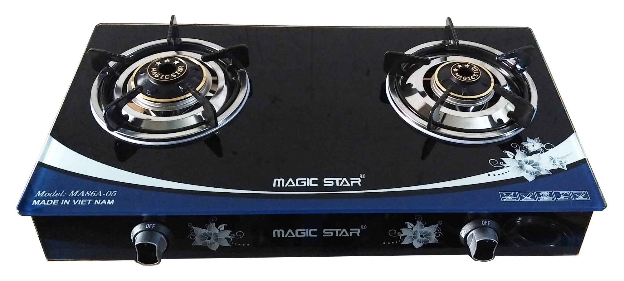 Bếp gas dương kính cường lực Magic Star MA86A-05 khung inox không gỉ, mâm chia lửa đồng thau, công nghệ đánh lửa Magneto tiết kiệm nhiên liệu