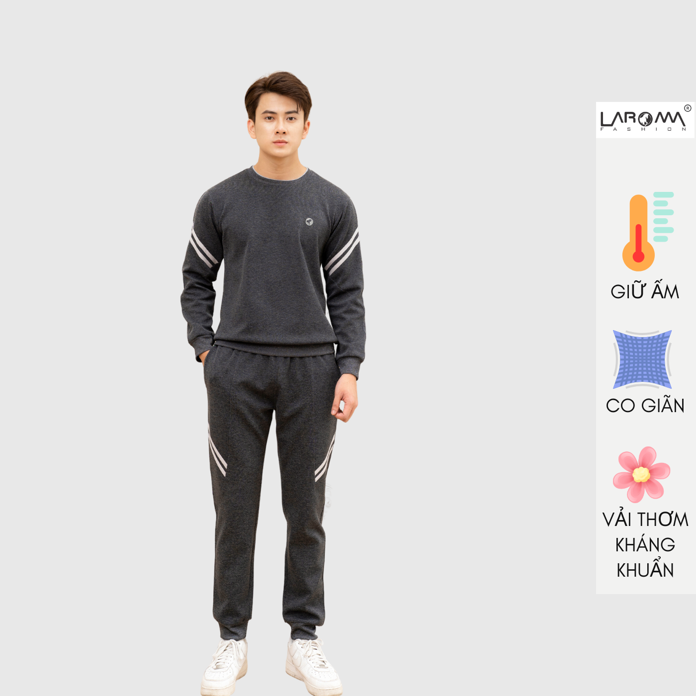 Bộ quần áo nỉ nam cổ chui quần bo Laroma | Giữ ấm - Co dãn - Vải thơm - Kháng khuẩn