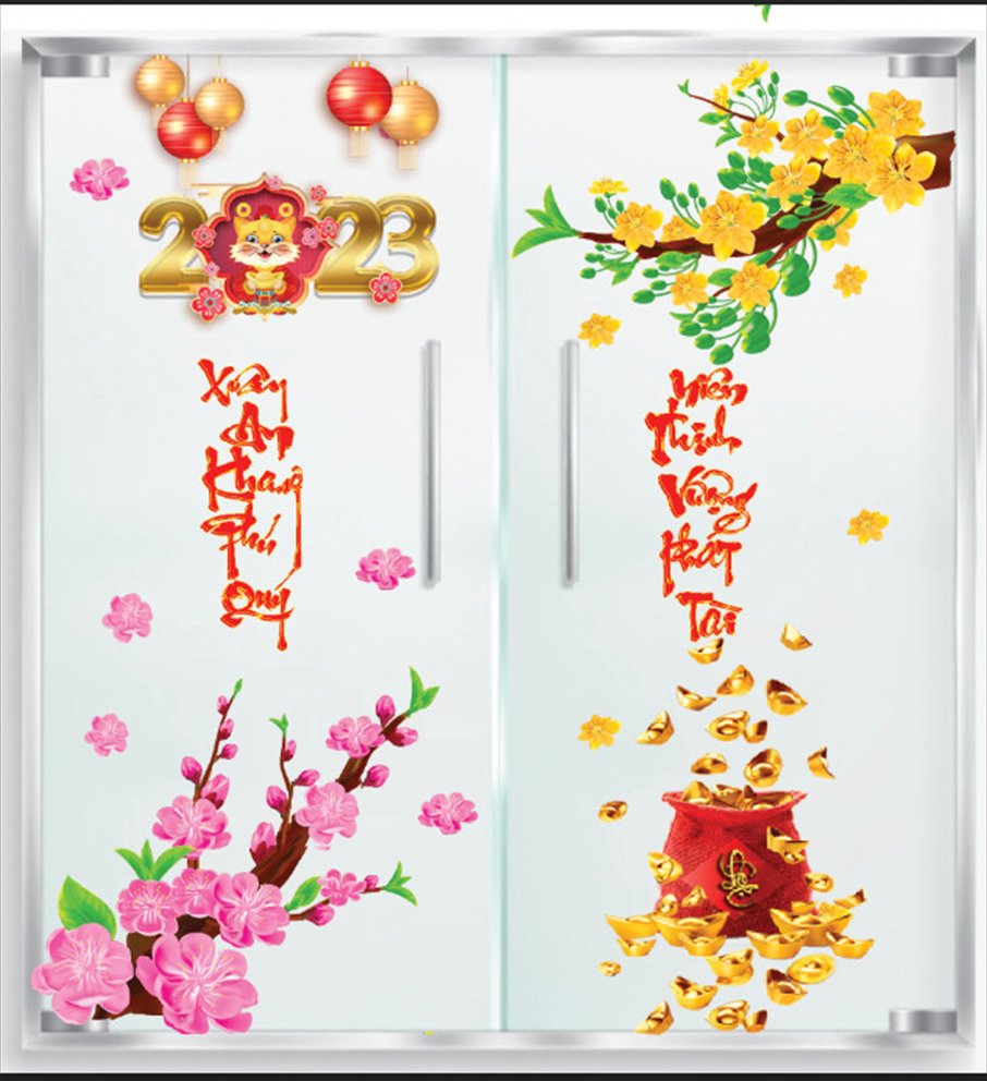 Decal trang trí tết - decal dán cửa kính văn phòng - deacl trang trí cửa kính ngân hàng Binbin - decal tết dán phòng khách - nhà hàng - khách sạn Binbin PK561