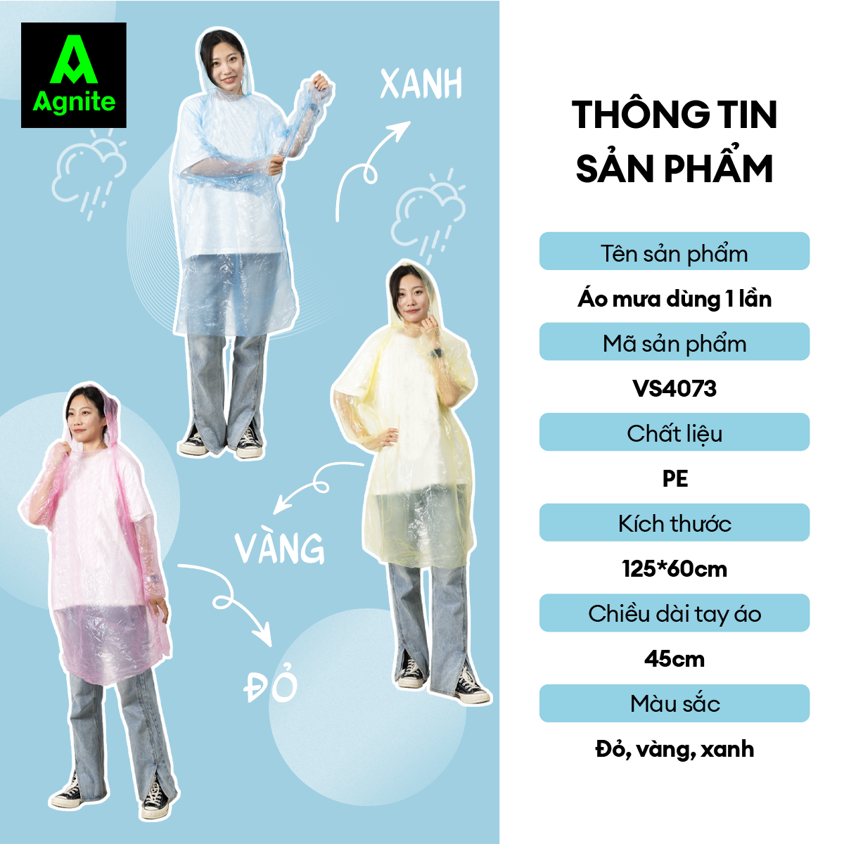 Áo mưa thiết kế thời trang Agnite - Chất liệu PE siêu dai - Màu sắc đa dạng - VS4073