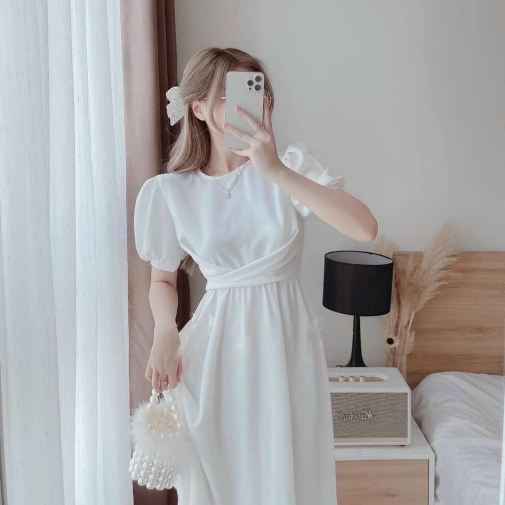 ĐẦM MIDI CHÉO EO TAY PHỒNG 12274
