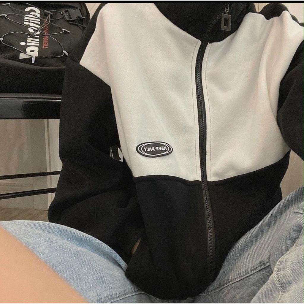 Áo Khoác Jacket PALY Form Rộng Phối Dây Kéo Vải Nỉ Bông Phong Cách Ulzzang Unisex