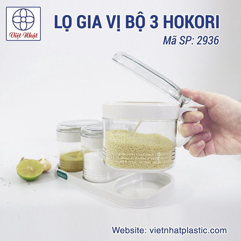 Bộ 3 lọ gia vị Hokori kèm thìa thông minh nhựa Việt Nhật (MS: 2936) - Hũ đựng gia vị có nắp đậy tiện lợi